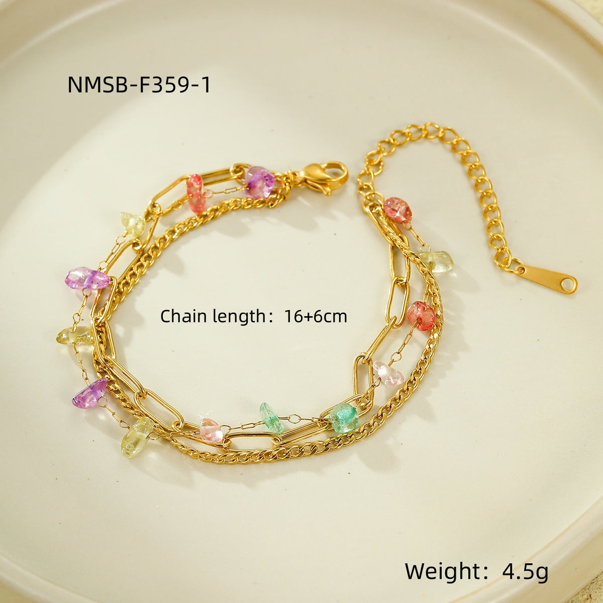Conjunto de pulseras apilables minimalistas de tres capas de acero de titanio con chapado en oro de 18 quilates y detalles de piedras naturales coloridas para mujer
