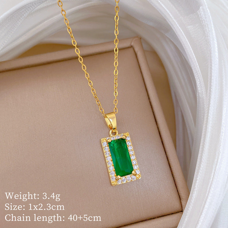 Sweet Minimalist Green Square Geometric Rhinestone Pendant Titanium Steel Necklace for Unisex