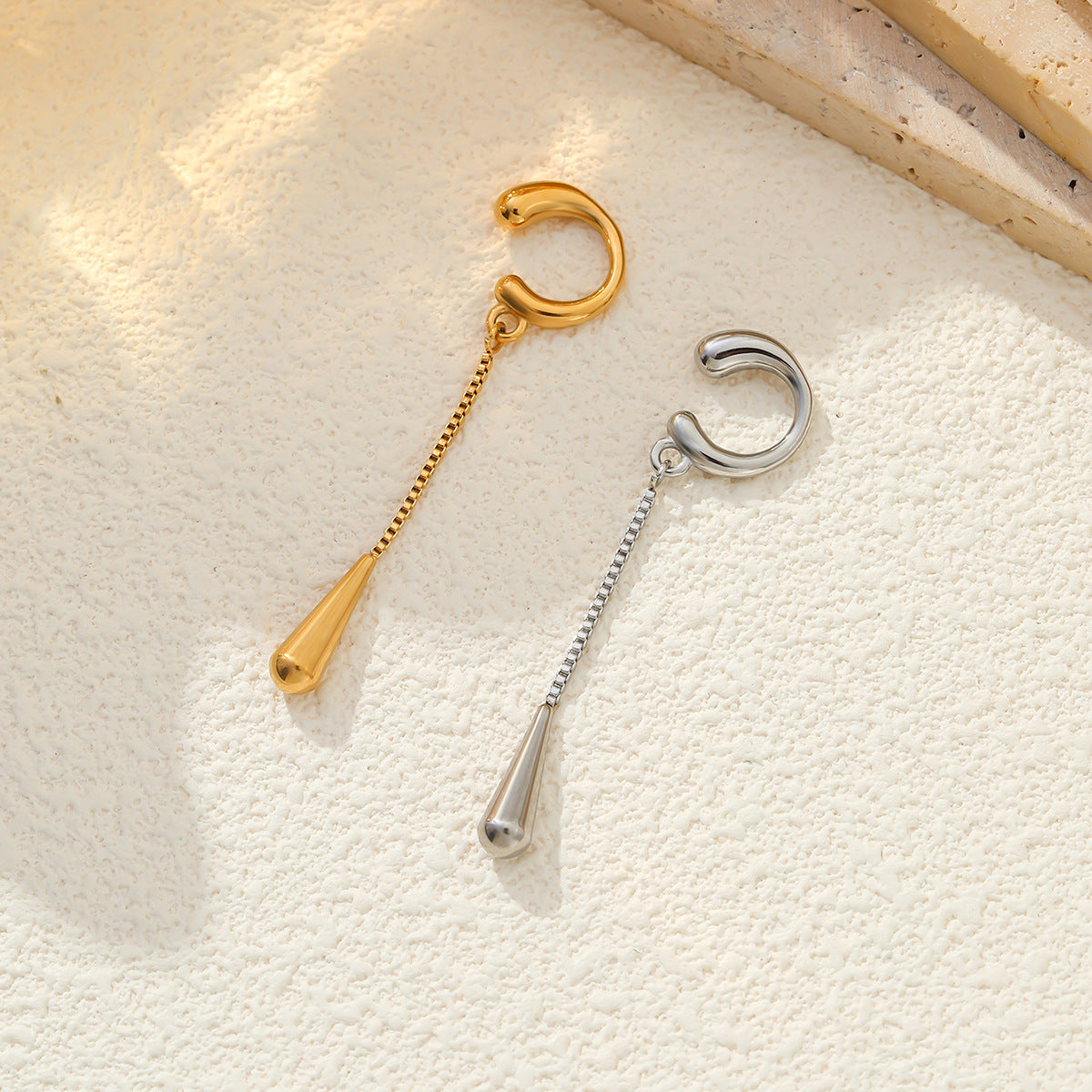 Minimalist Teardrop Stainless Steel PVD Plated C-Shaped Ear Cuff with Tassel Chain