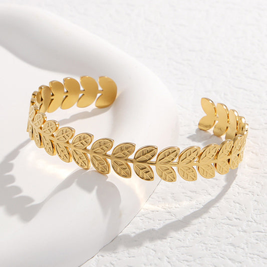 Bracciale regolabile a C con motivo a foglia alla moda, in acciaio inossidabile placcato oro 18 carati, gioielli da donna