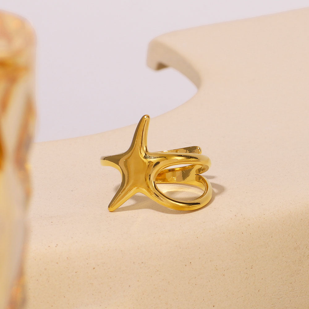 Modern Minimalist Stainless Steel Five-Point Star Ring with Asymmetrical Wire-Wrap Design