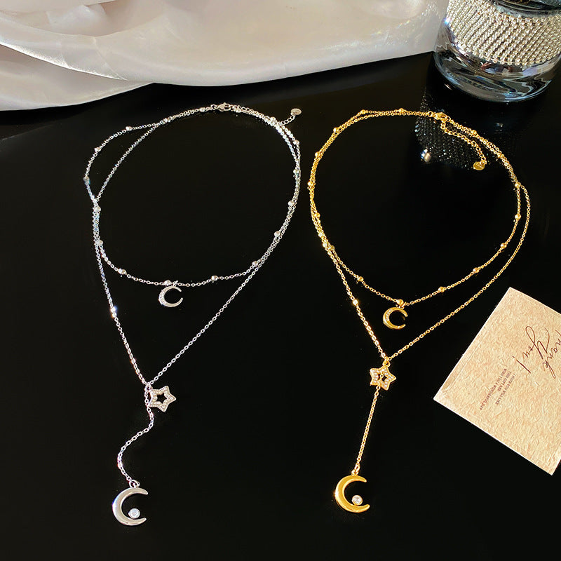 Layered Titanium Steel Moon Star Beaded Tassel Necklace
