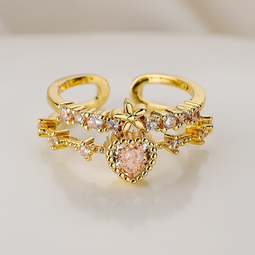Elegante Anello a Cuore Aperto Geometrico da Donna in Rame con Placcatura in Oro 18K e Intarsio di Zirconi