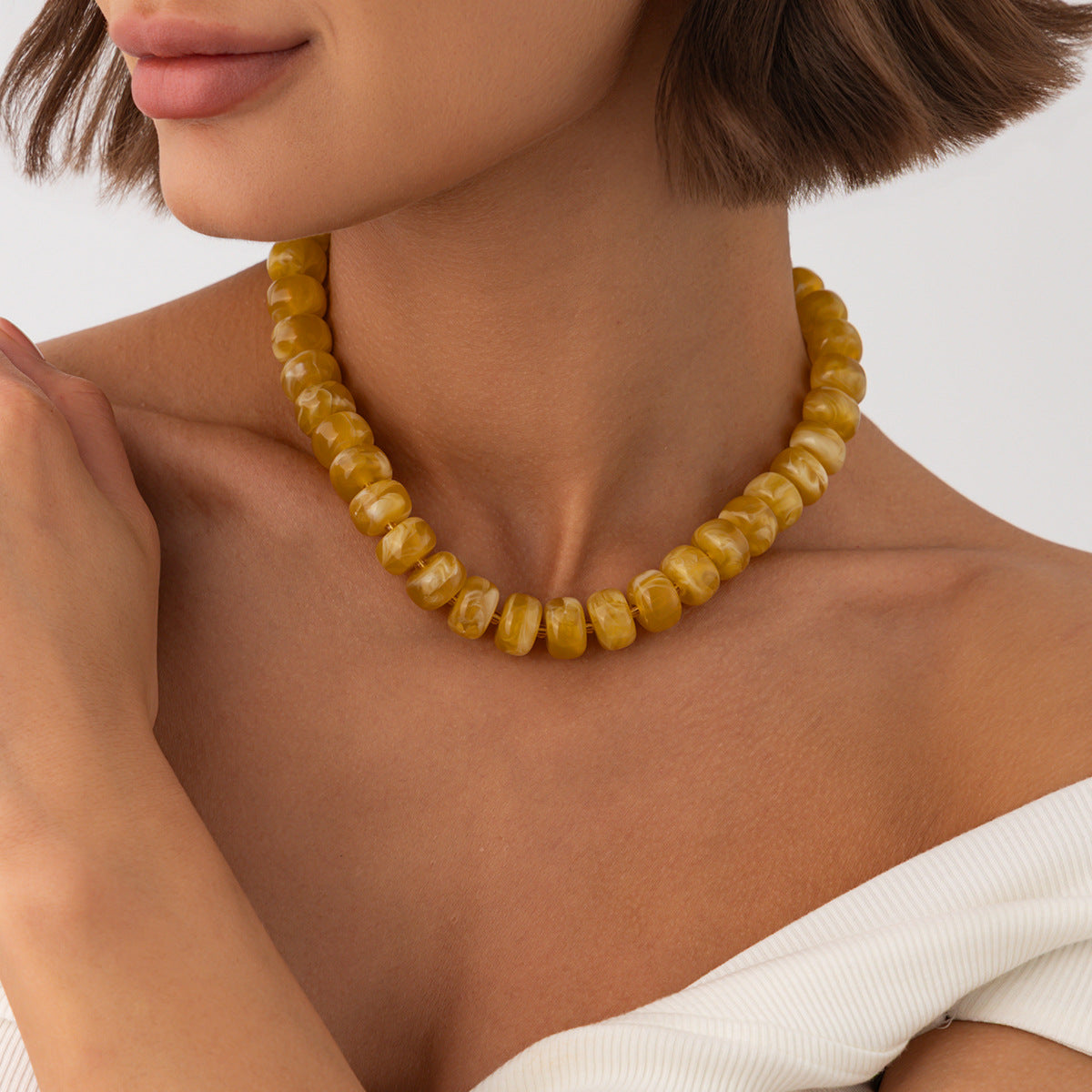 Sweet Geometric Gradient Resin Beaded Necklace Stainless Steel Chain Women's Jewelry