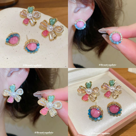 Elegant Floral Crystal Stud Earrings with Plated Steel Posts for Women