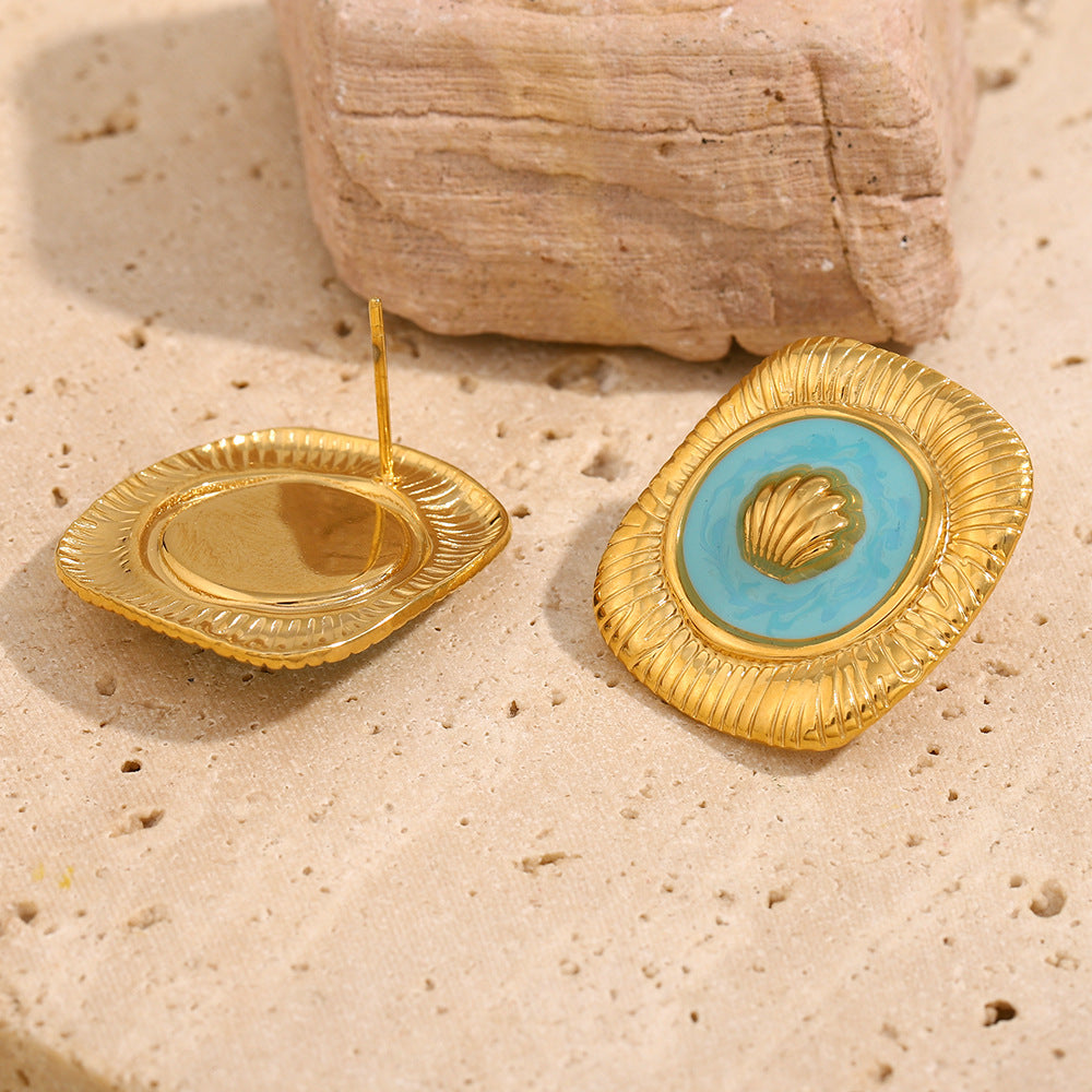 Vintage-Style Square Shell Stud Earrings and Open Ring Set in Stainless Steel with 18K Gold Plating and Enamel Finish for Women