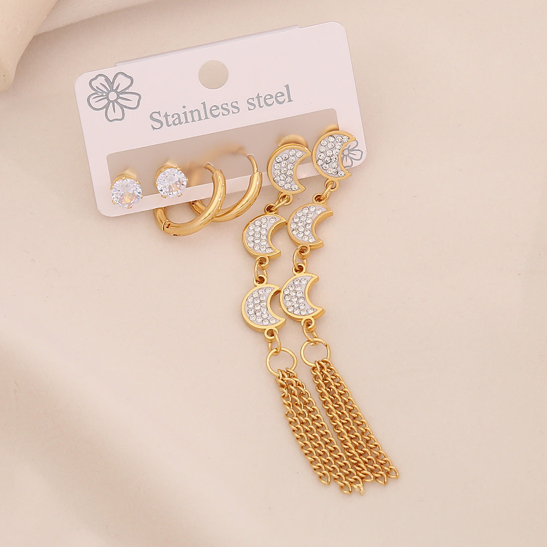 Fashionable Floral and Teardrop-Shaped Stainless Steel Stud Earrings with Dangle Fringe for Women