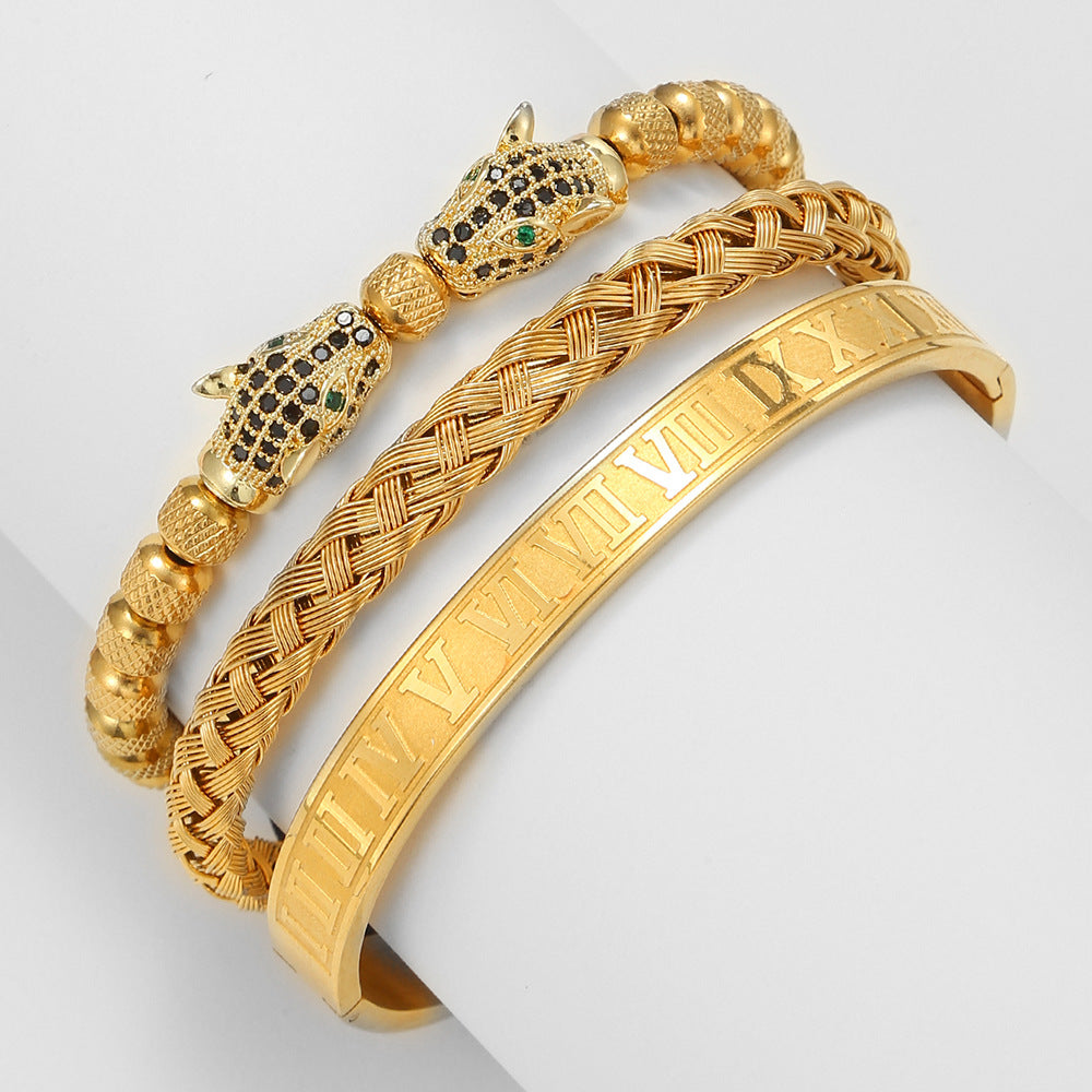 Vintage Leopard Head Hand-beaded Titanium Steel Bracelet with Cubic Zirconia Adjustable Pineapple Beads for Unisex