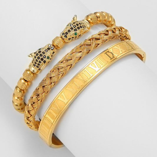 Vintage Leopard Head Hand-beaded Titanium Steel Bracelet with Cubic Zirconia Adjustable Pineapple Beads for Unisex