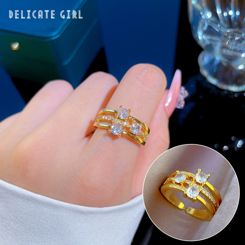 Luxury Minimalist Adjustable Three-Tier Ring with Full Rhinestone Inlay Crown Design for Women Daily Wear and Couple Matching