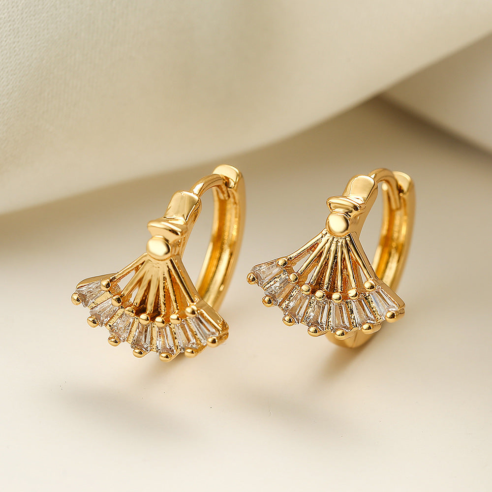 Fashion Geometric Fan Shape Copper Earrings with Micro-inlaid Zircon and 18K Gold Plating for Women
