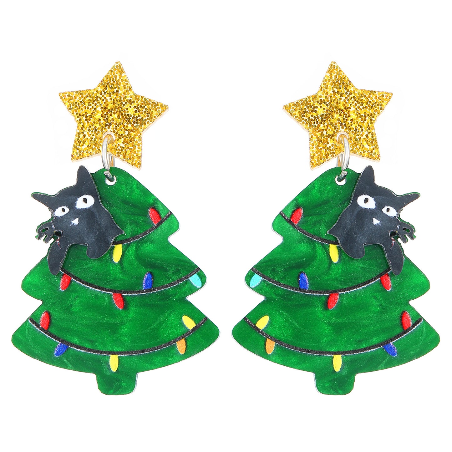 Orecchini a perno da donna creativi a forma di albero di Natale e stella, in acrilico, con perni in oro 14K e stampa fiocco di neve