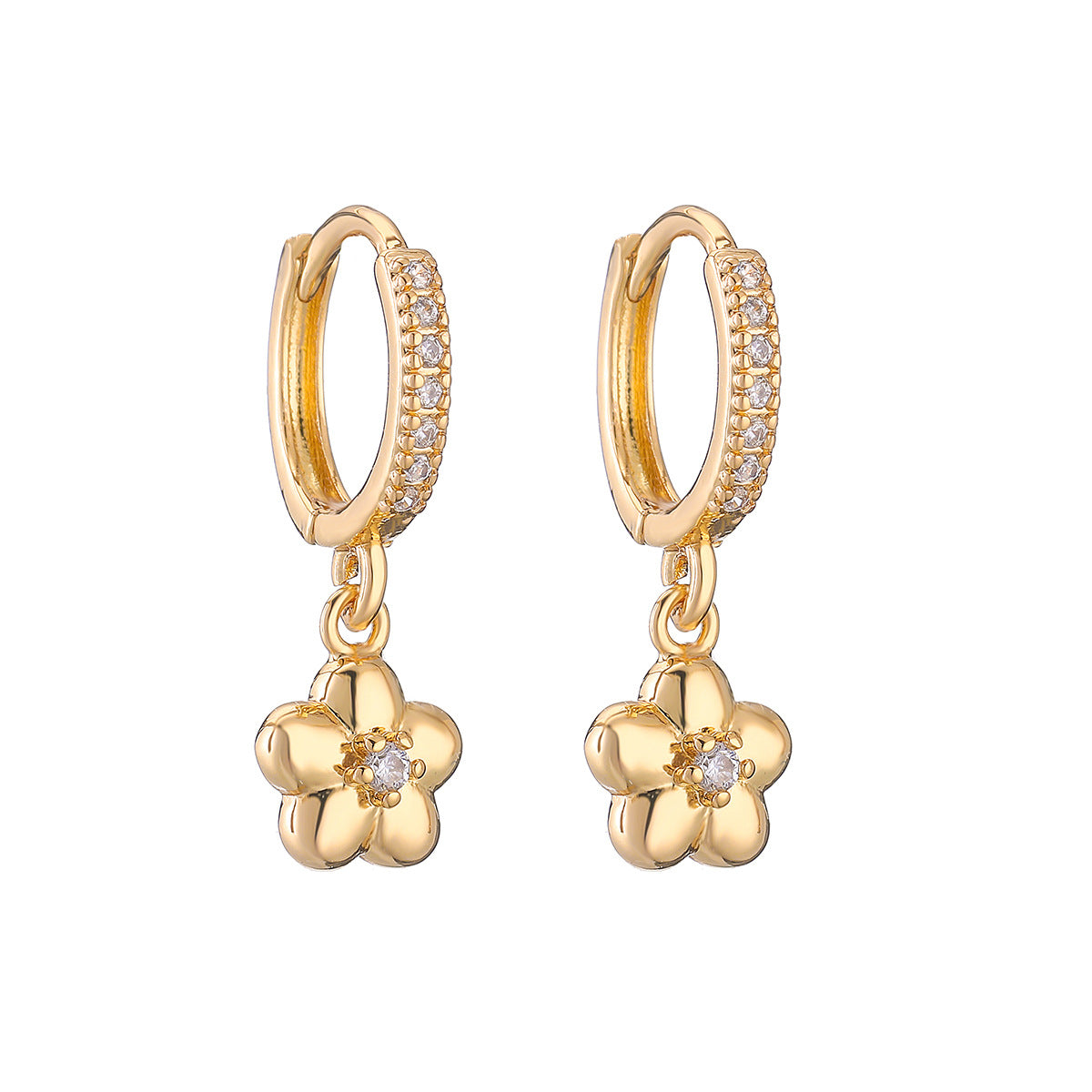 Minimalist Heart Floral Star Pendant Earrings in Copper with Genuine Gold Plating and Zircon Inlay