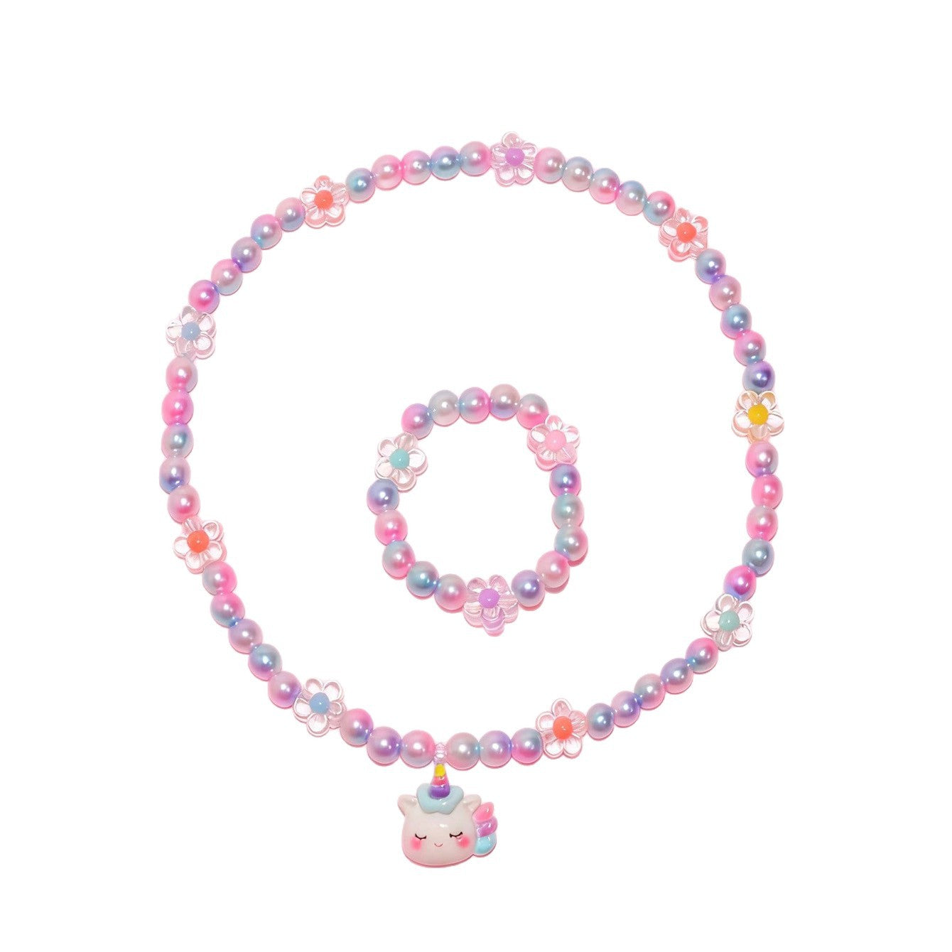 Cartoon Unicorn Resin Necklace for Girls with Round Bead Chain Adjustable Length Princess Style Children's Jewelry Set
