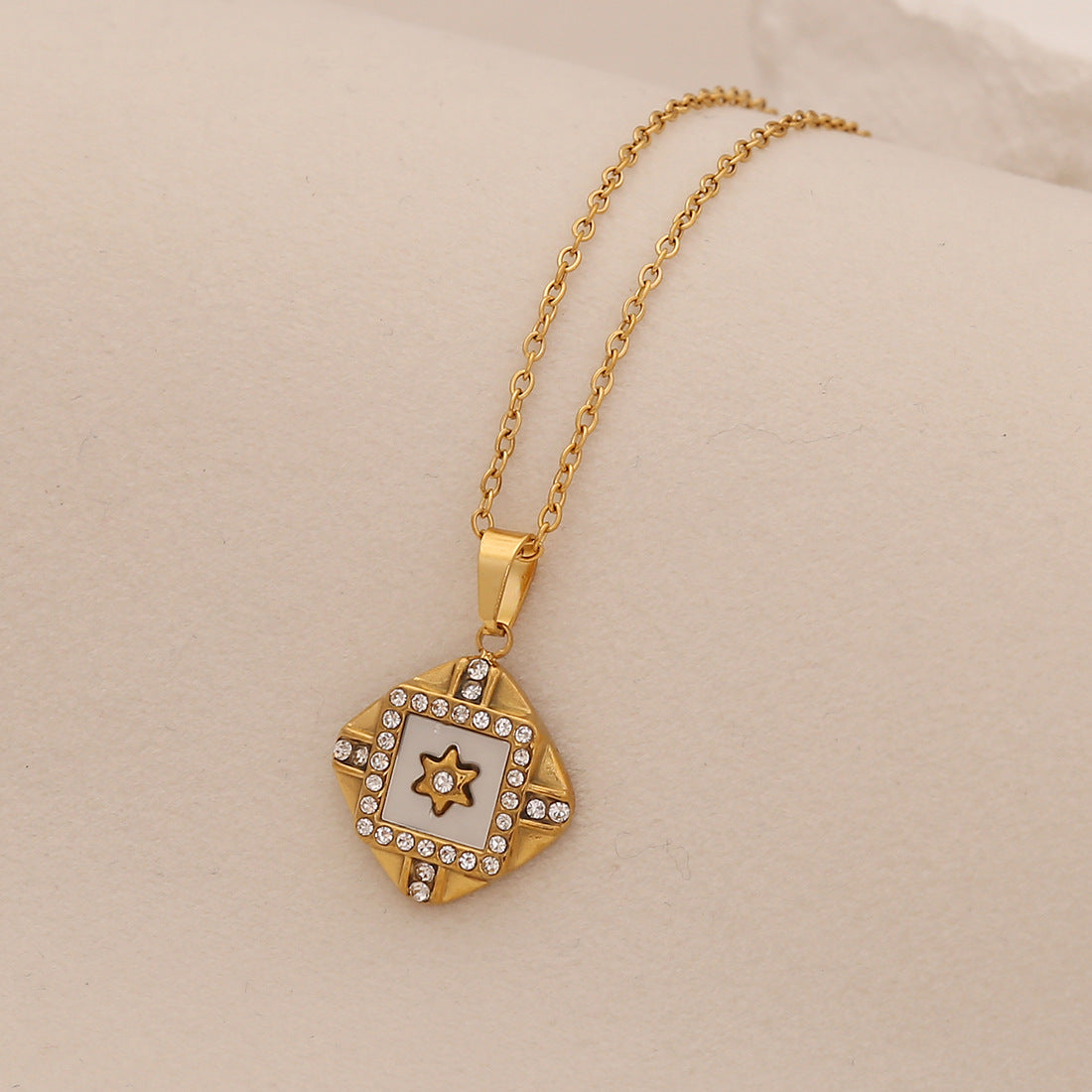 Fashionable Geometric Heart and Star Pendant Necklace in Stainless Steel with Full Rhinestone Accents