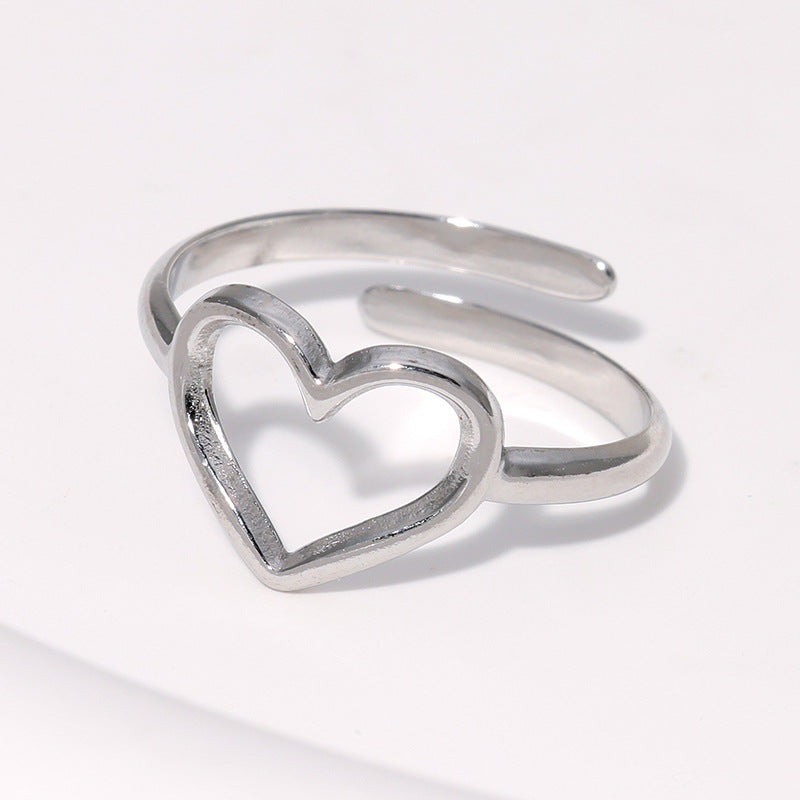 Sweet Minimalist Heart-Shaped Stainless Steel Open Ring with 18K Gold Plating for Women