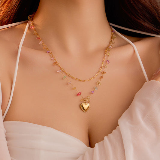 Elegante collar de acero de titanio con forma de corazón y baño de oro de 18 quilates para mujer, cadena de collar con colgante apilable de doble capa