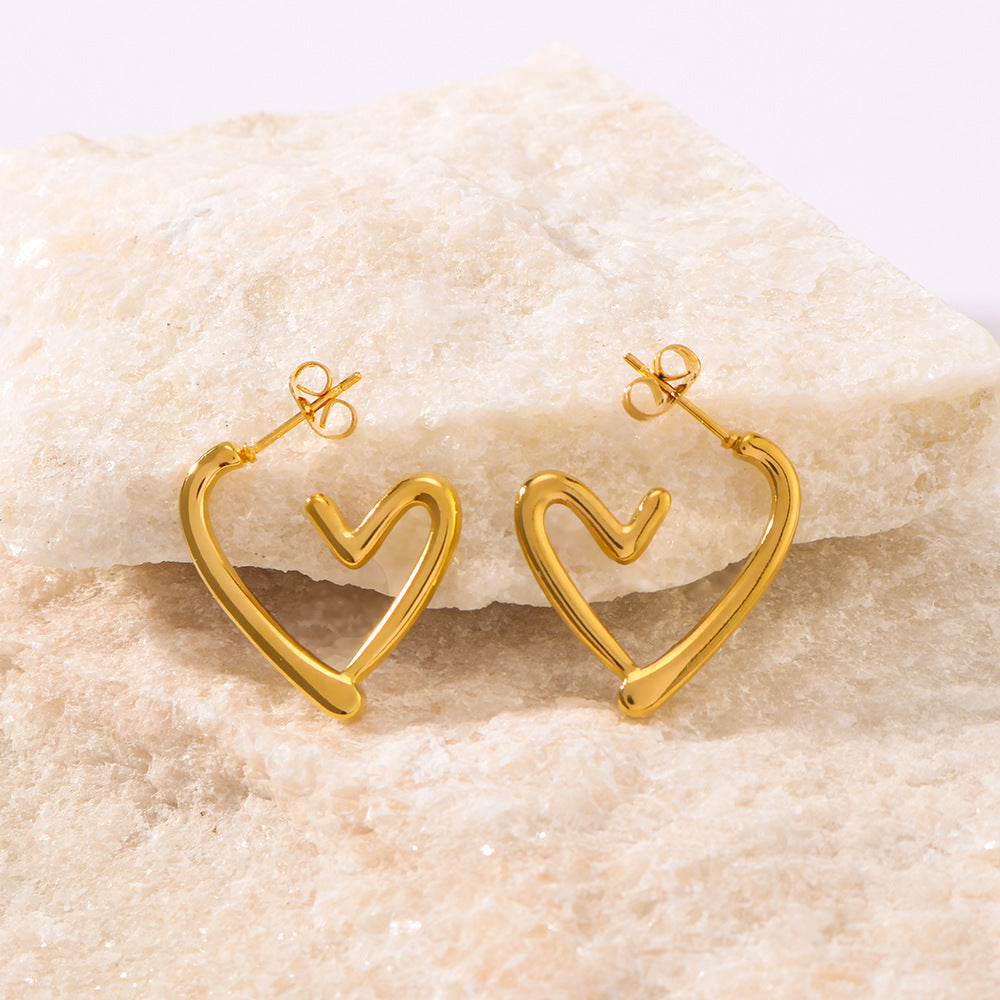 Irregular Hollow Heart-Shaped Stainless Steel Earrings with 18K Gold Plating, Lightweight Waterproof Women's Fashion Jewelry