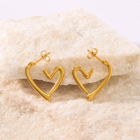 Irregular Hollow Heart-Shaped Stainless Steel Earrings with 18K Gold Plating, Lightweight Waterproof Women's Fashion Jewelry