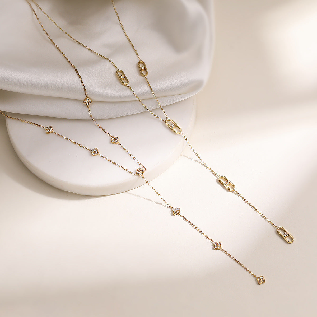 Elegant Minimalist Geometric Stainless Steel Gold Plated Cubic Zirconia Inlay Tassel Necklace for Women