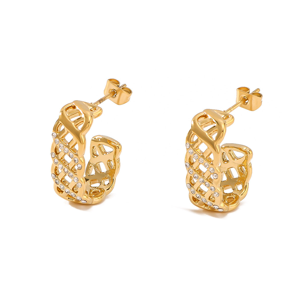 Geometric Stainless Steel Earrings with Plated 18K Gold Finish, Hollow Grid Pattern and Full Rhinestone Inlay for Women