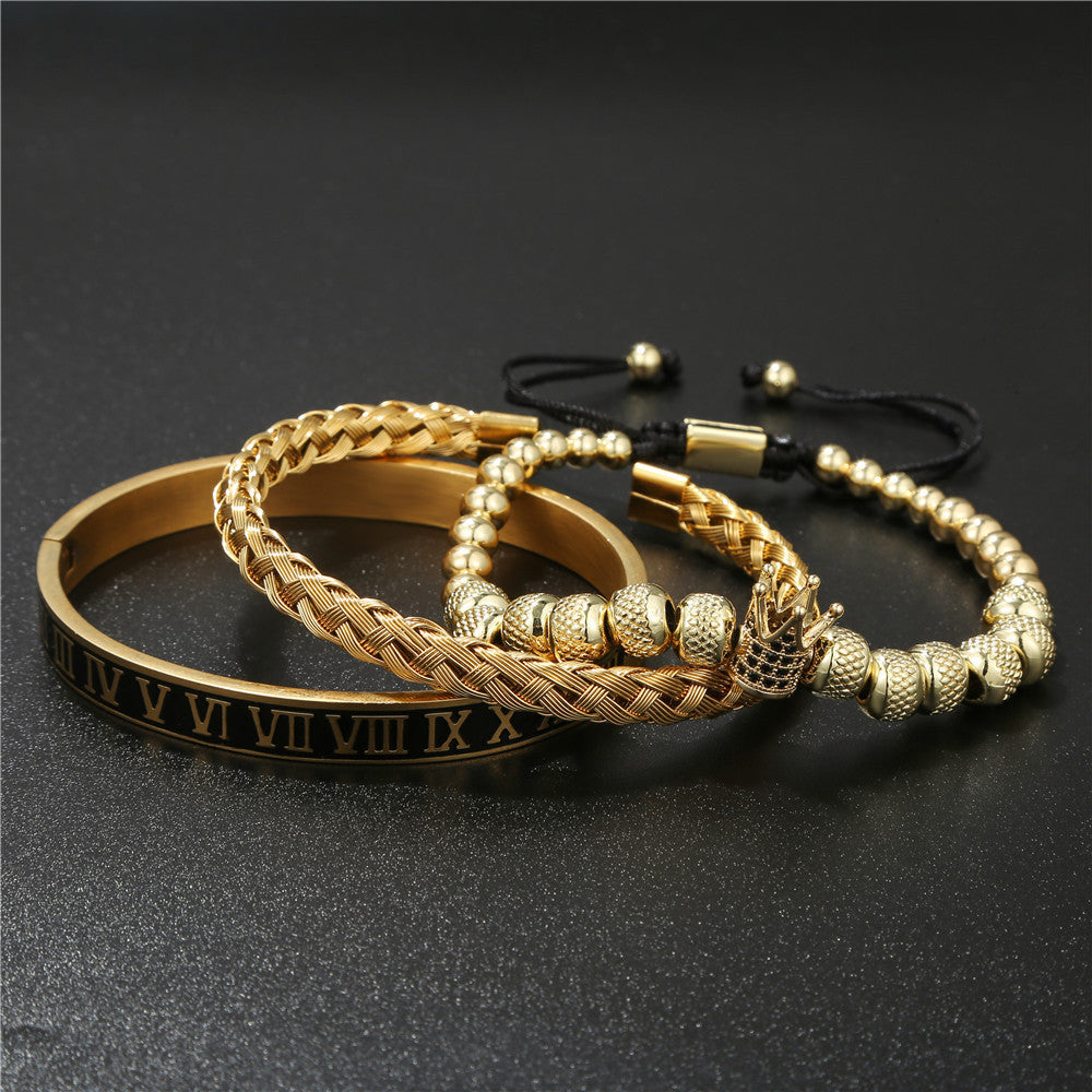 Vintage Minimalist Crown Letter Drip Oil Rhinestone Woven Titanium Steel Bracelet Set