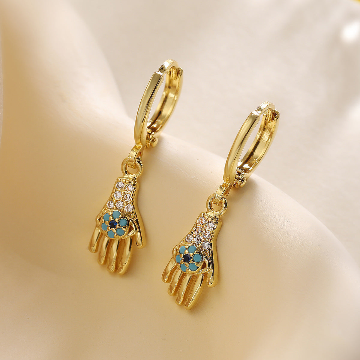 Orecchini a Cuore Minimalisti Geometrici con Occhio di Allah in Rame Placcato Oro 18K e Intarsio di Zirconi da Donna
