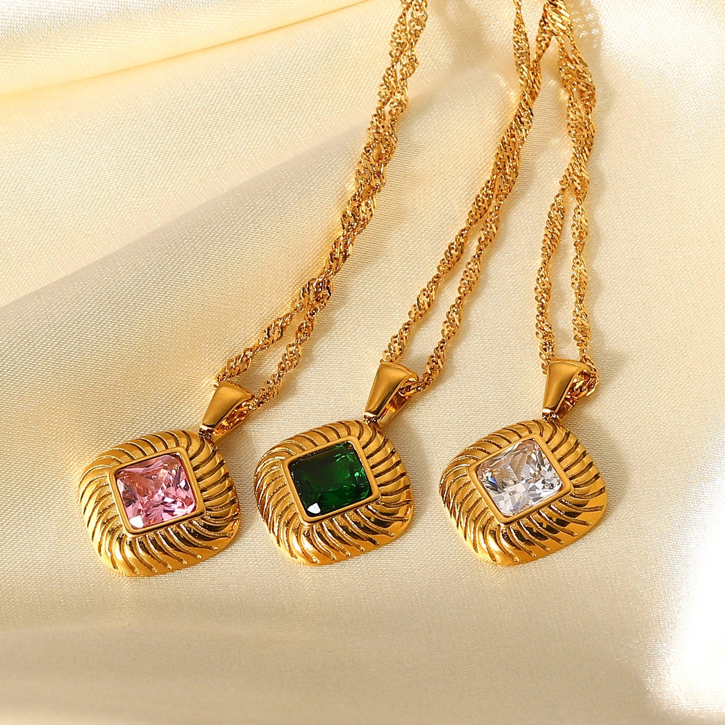 INS Style Stainless Steel Necklace with 18K Gold Plated Square Textured Button Pendant and White Pink or Green Cubic Zirconia for Women