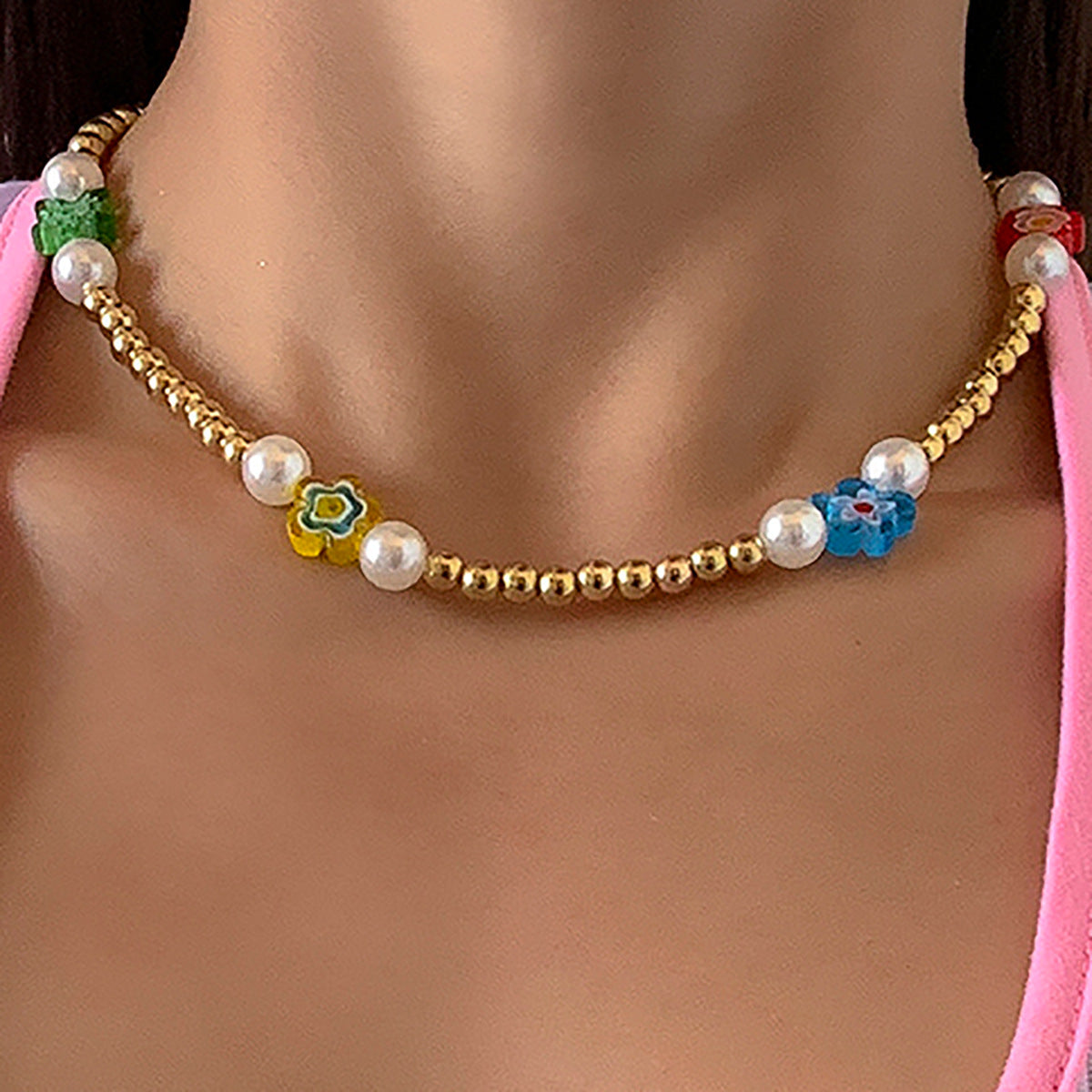 Bohemian Floral Resin Necklace for Women with Beaded Detail and Round Ball Chain