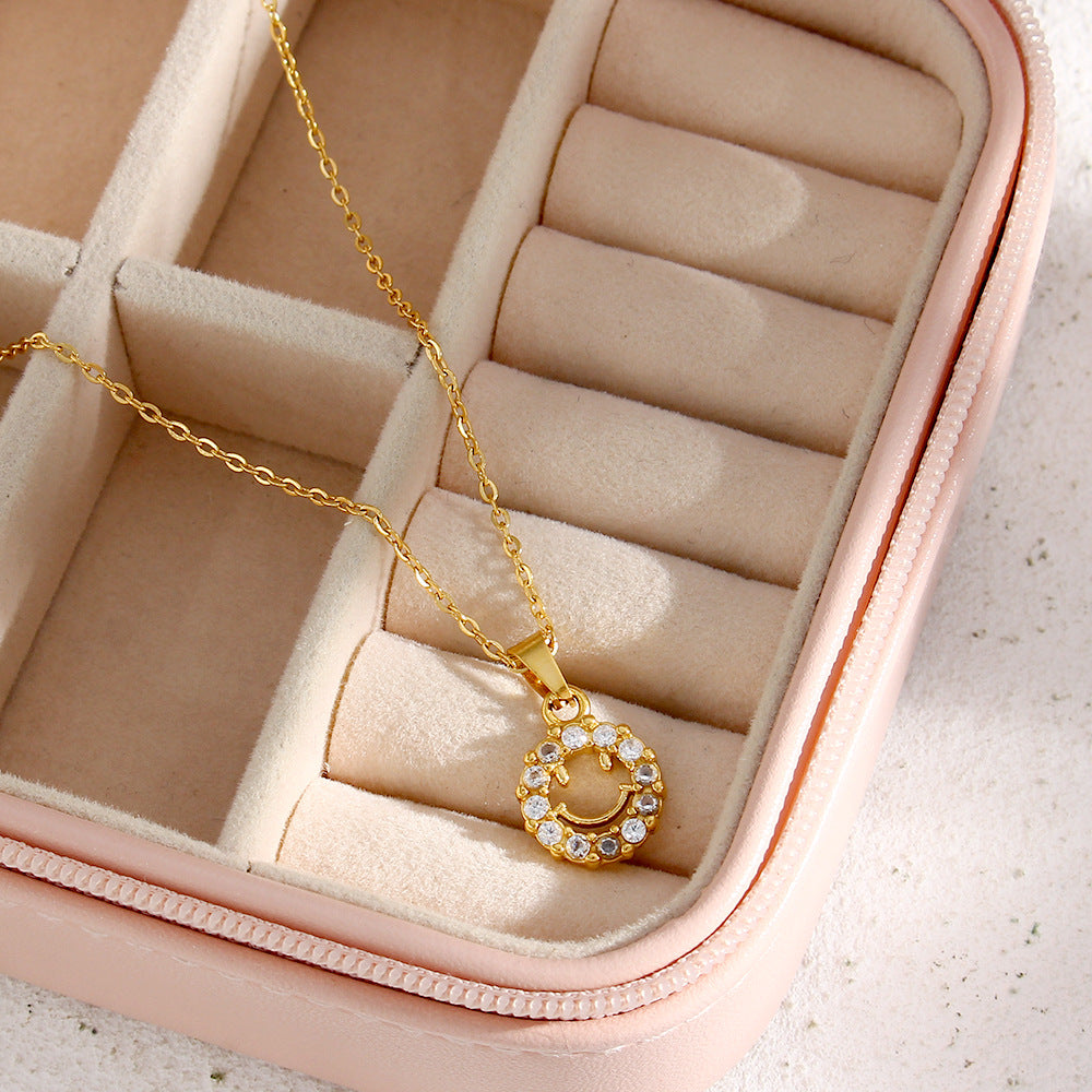 Fashion Minimalist Geometric Hollow Smile Face Pendant Necklace Stainless Steel 18K Gold Plated Cubic Zirconia for Women