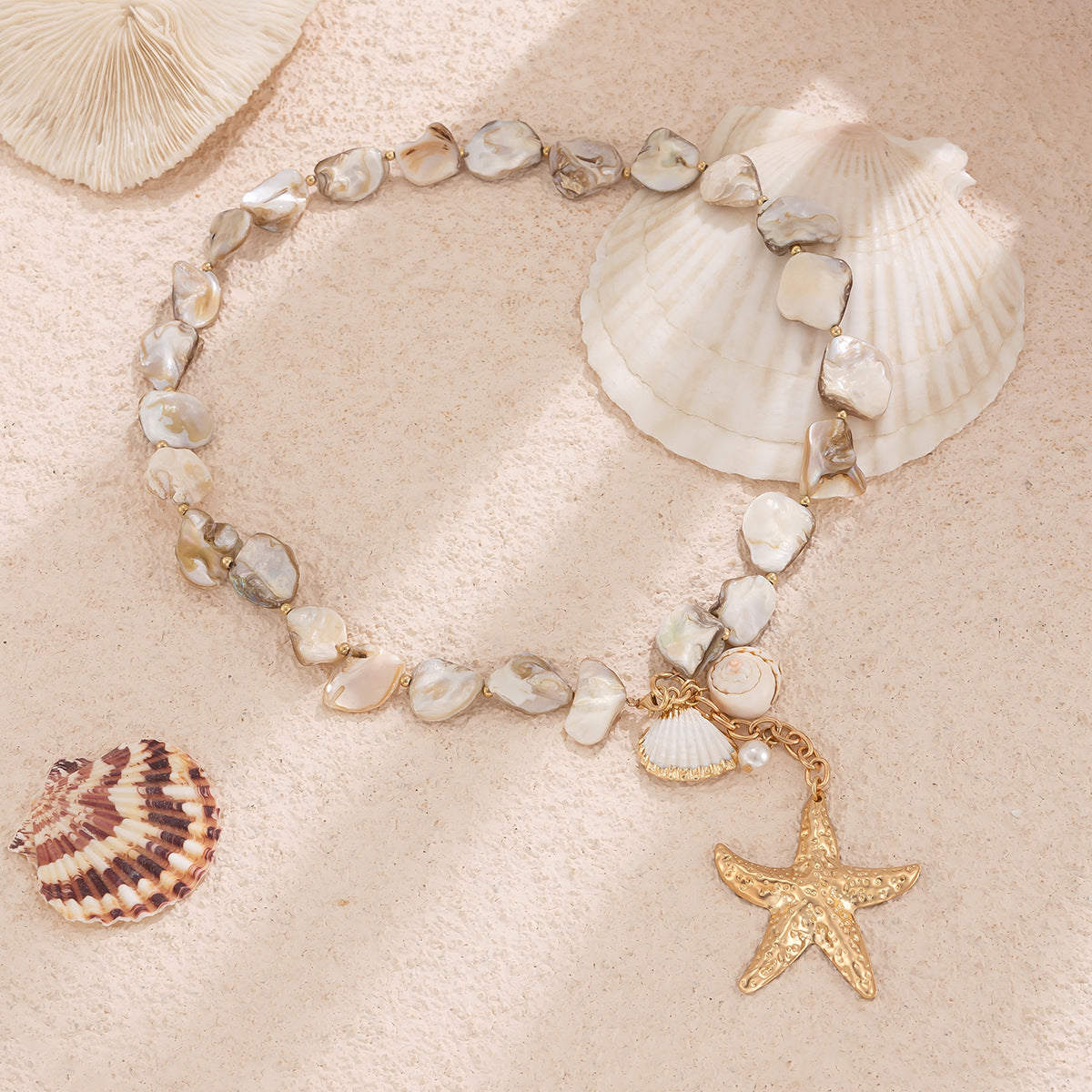 Sweet Geometric Star Zinc Alloy Plated Necklace with Irregular Shell and Starfish Pendant for Women