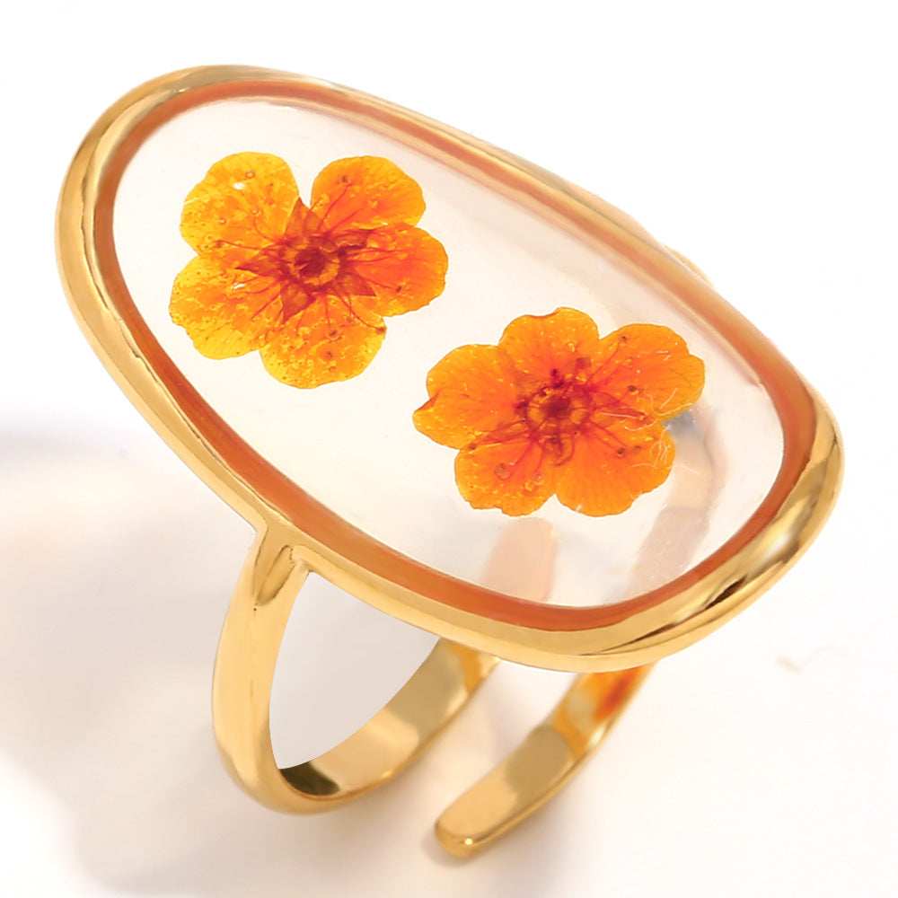 Fashion Minimalist Flower-Shaped Stainless Steel Ring with 18K Gold Plating and Pressed Floral Acrylic Accent