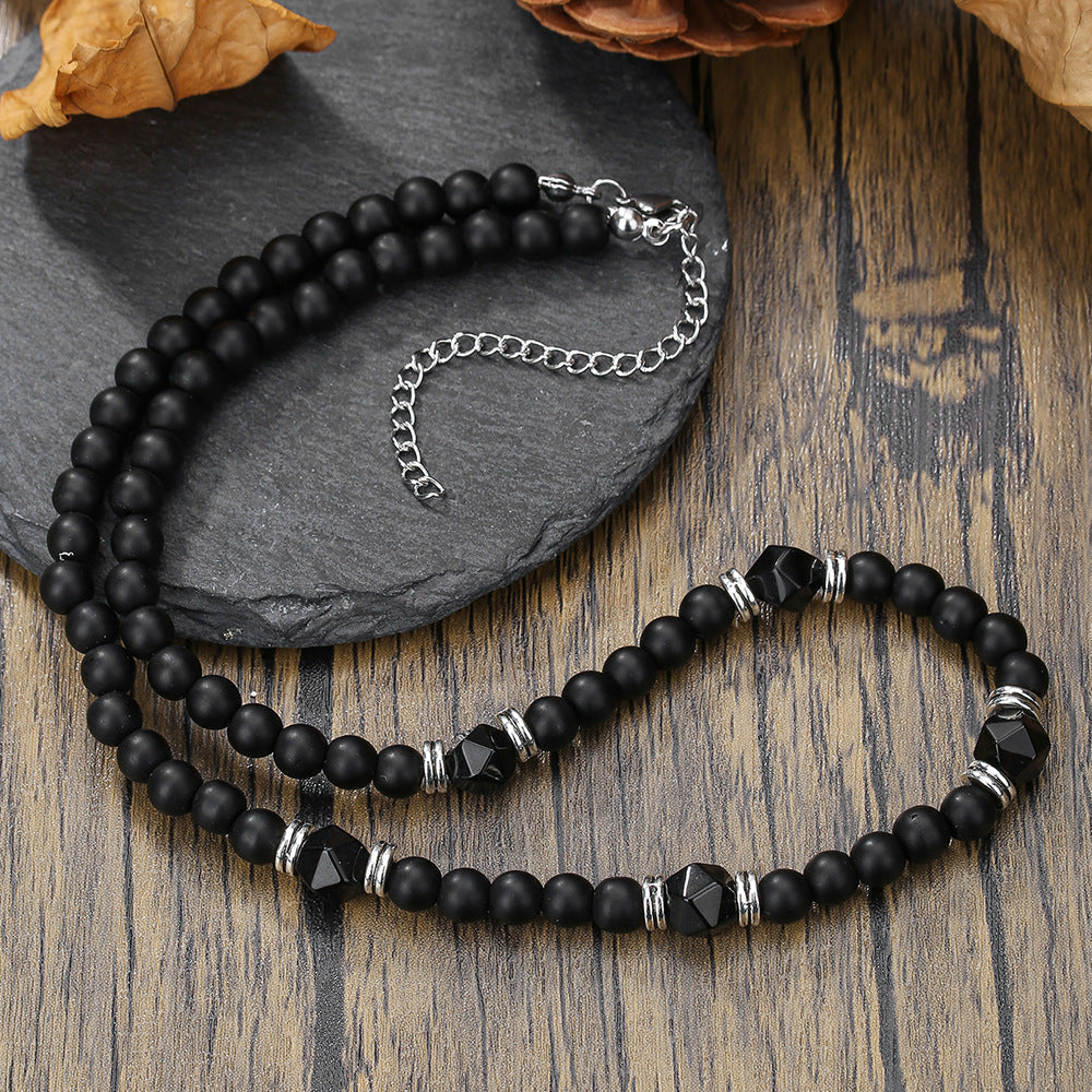 Hip-hop Punk Geometric Round Matte Stainless Steel Beaded Necklace with Alloy and Agate Pendant