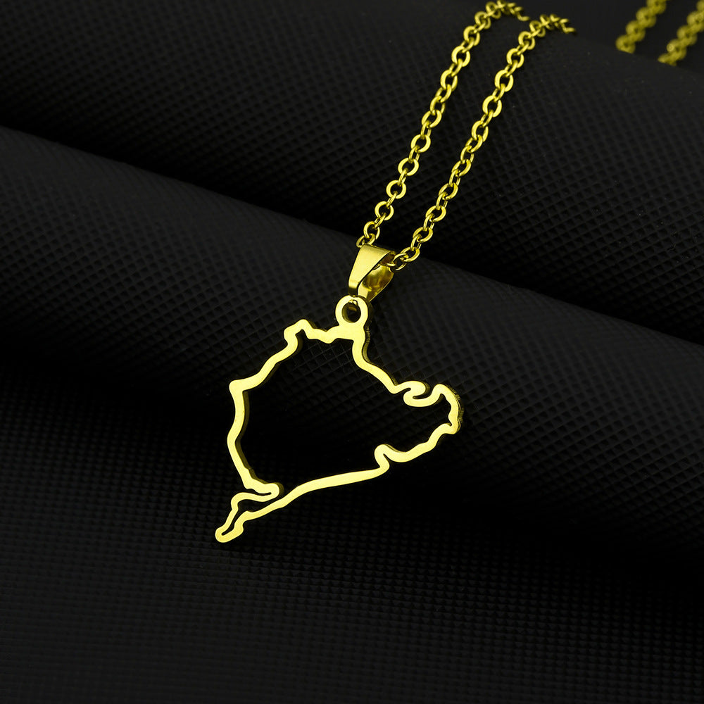 Collana con pendente Nürburgring da corsa automobilistica sportiva geometrica tedesca in acciaio inossidabile con ciondolo in acciaio al titanio e finitura galvanizzata