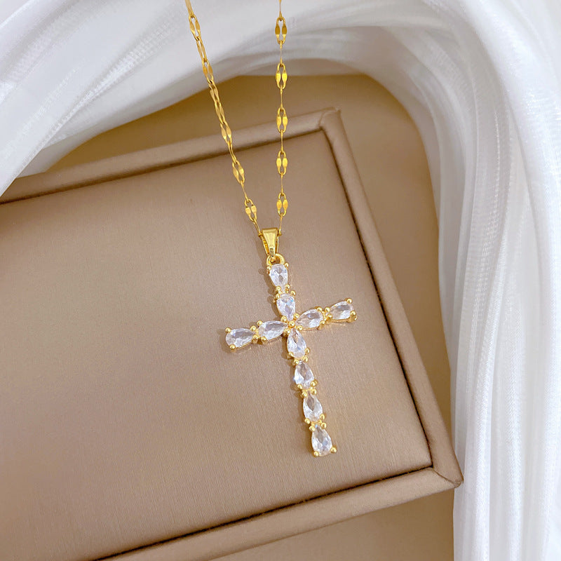 Sweet Teardrop Cross Rhinestone Titanium Steel Necklace for Unisex
