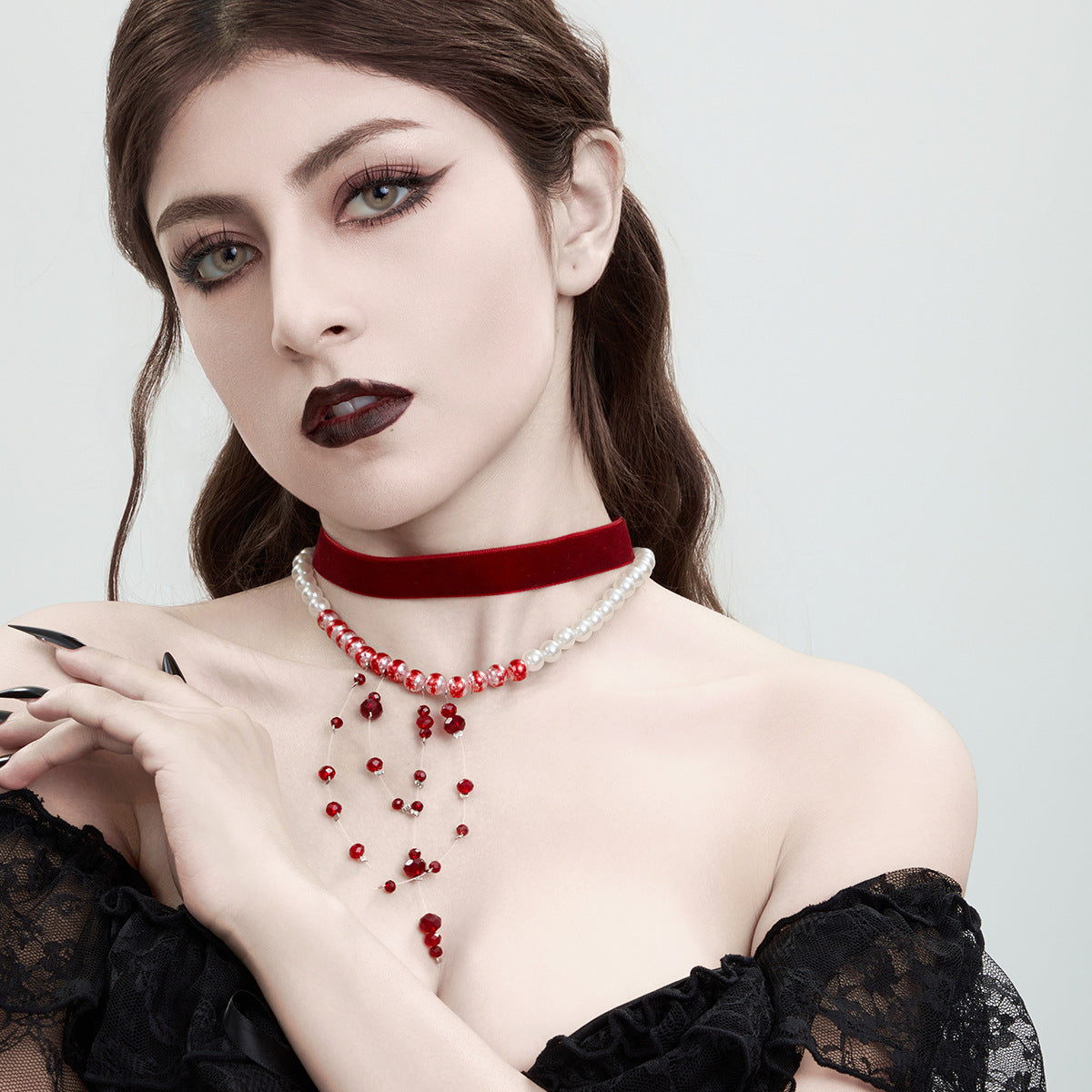Gothic Geometric Teardrop Crystal Pendant Imitation Pearl Ball Chain Choker Necklace with Tassel for Women