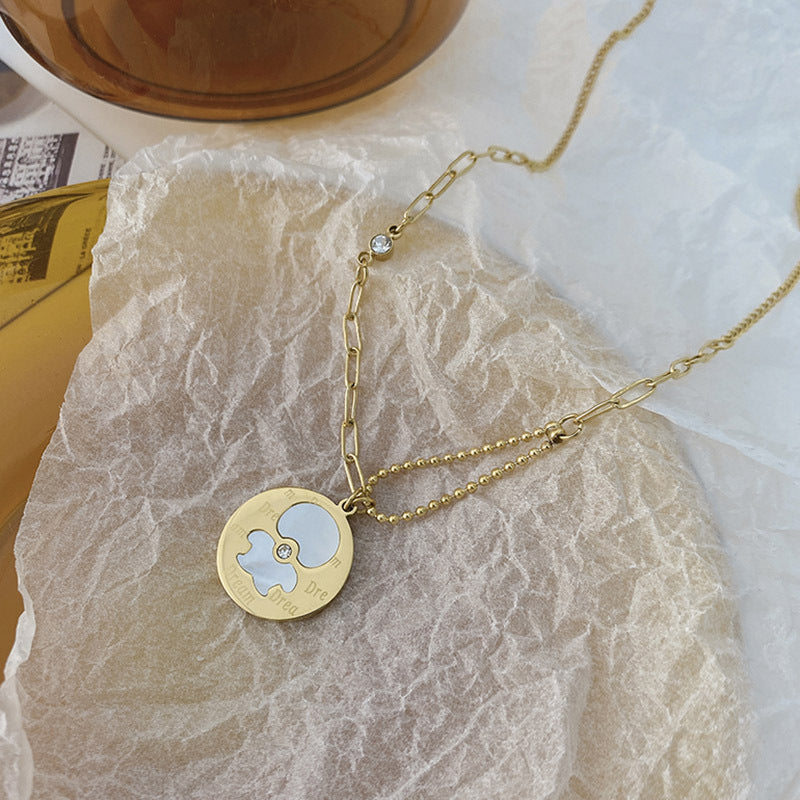 Minimalist Bear-Shaped Mother-of-Pearl and Titanium Steel Necklace for Women with Gold-Plated Accents, Delicate Clavicle Chain
