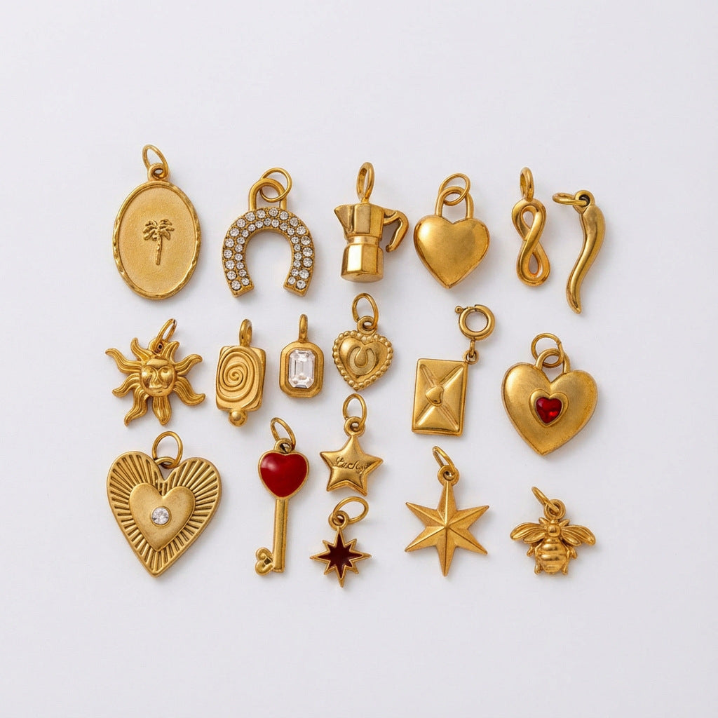 Vintage Gold Plated Stainless Steel Sun Star Horseshoe Chili Pepper Charm Bar