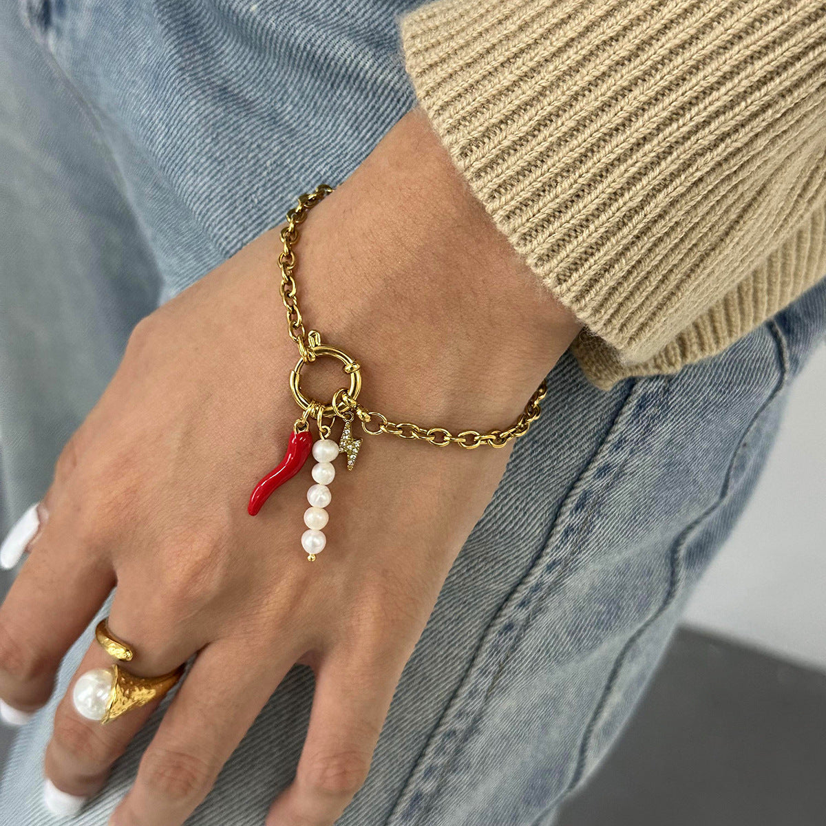 Bracciale da donna Ins Style in acciaio inossidabile placcato oro 18K con perle e nodo marinaresco