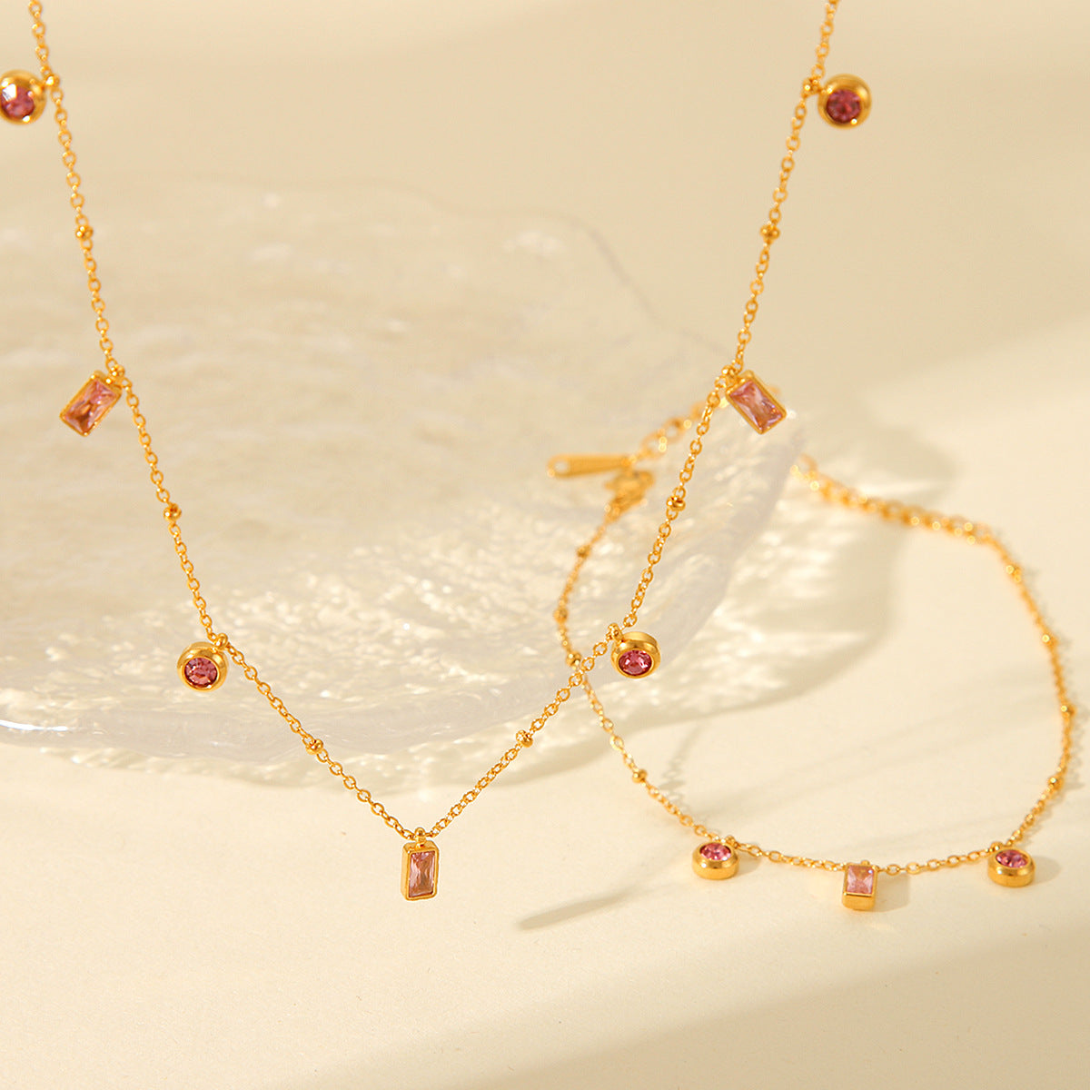Minimalist Geometric Titanium Steel Necklace with 18K Gold Plating and Pink-Purple Zircon Pendant, Delicate Clavicle Chain for Women