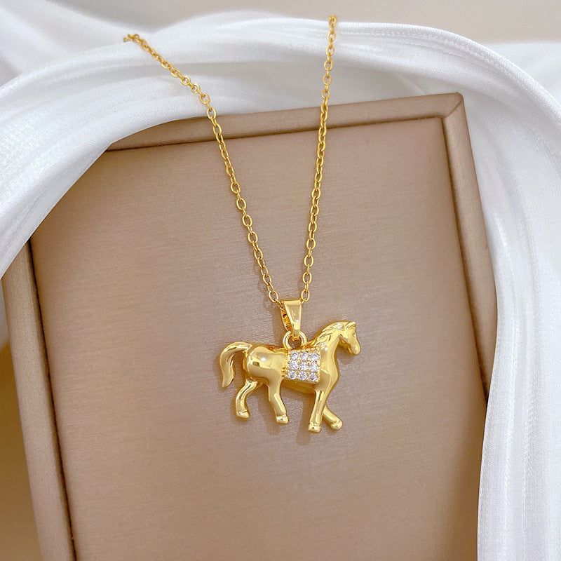 Sweet Full Rhinestone Horse Geometric Pendant Titanium Steel Necklace for Unisex