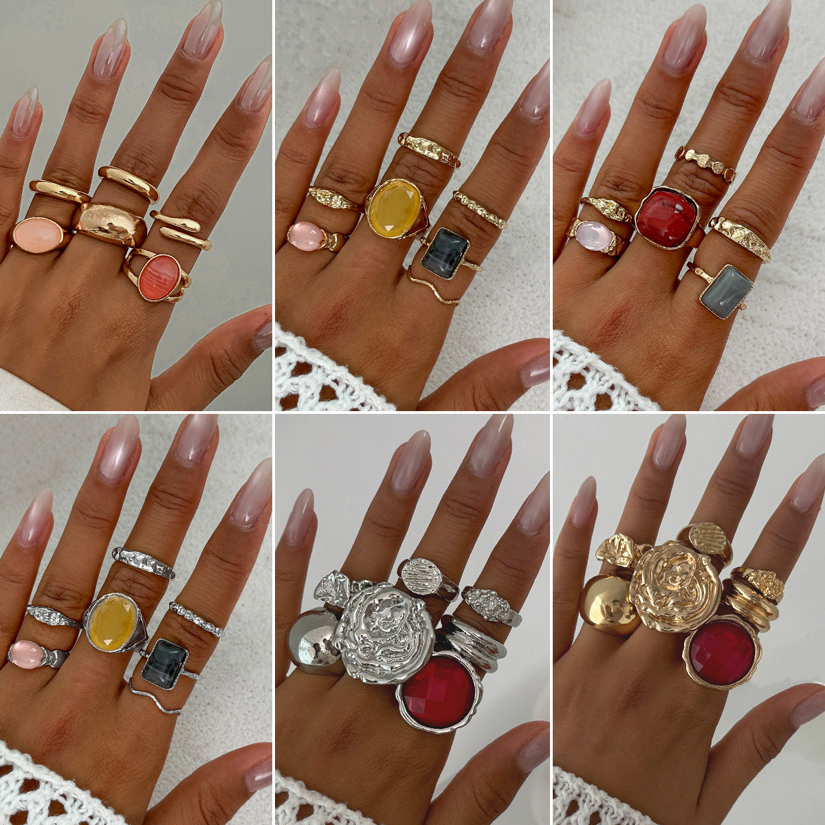 Anelli da donna in lega geometrica vintage con finitura placcata, set di anelli impilabili a forma di lava da unire