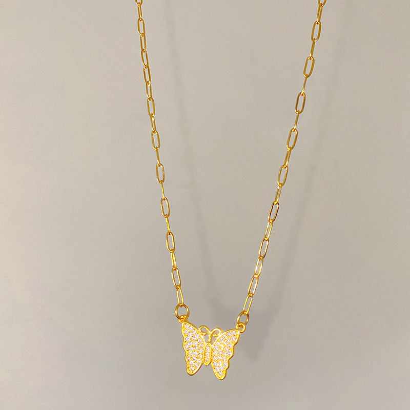 Vintage Geometric Butterfly Titanium Steel Plated Necklace with Cubic Zirconia for Unisex
