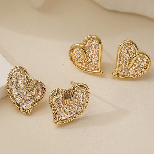 Minimalist Vintage 18K Gold Plated Brass Heart Cubic Zirconia Stud Earrings for Women
