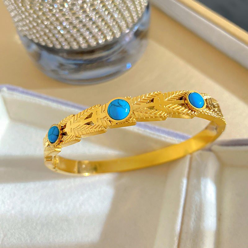 Vintage Gold Plated Titanium Steel Bracelet with Turquoise Inlay and Wheat Ear Floral Pattern for Women