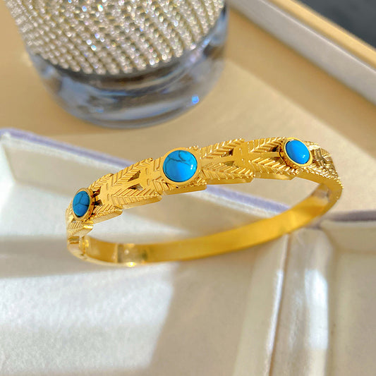 Vintage Gold Plated Titanium Steel Bracelet with Turquoise Inlay and Wheat Ear Floral Pattern for Women