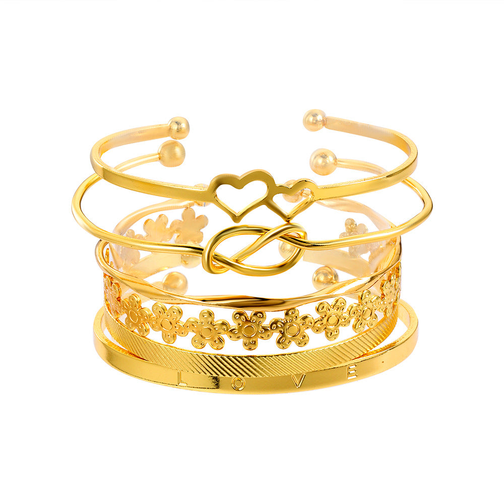 Geometric Heart Knot Flower Alloy Cuff Bracelet Set for Women