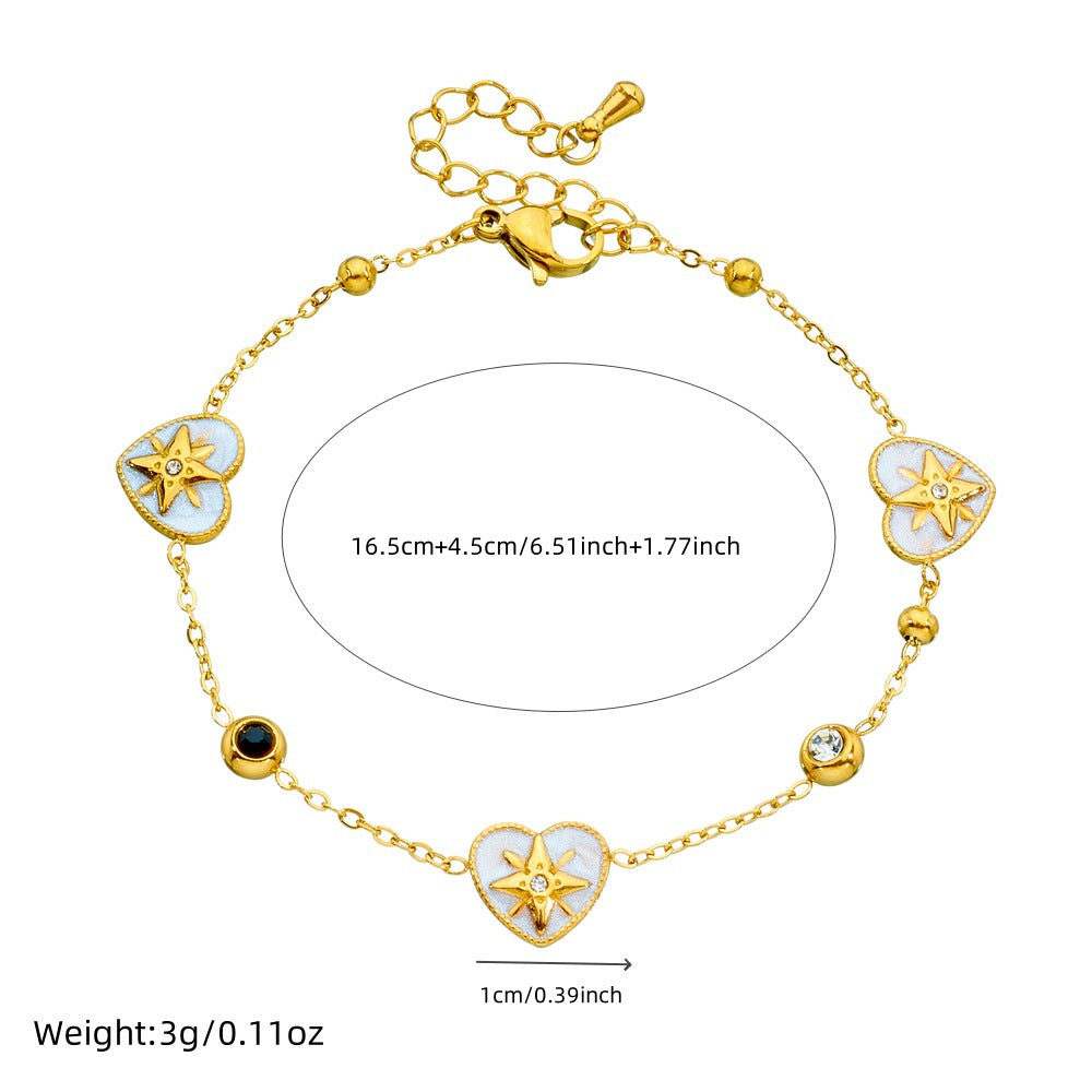 Vintage Elegant Two-Tone Eight-Pointed Star and Heart Rhinestone Inlay Stainless Steel Jewelry Set with Cable Chain