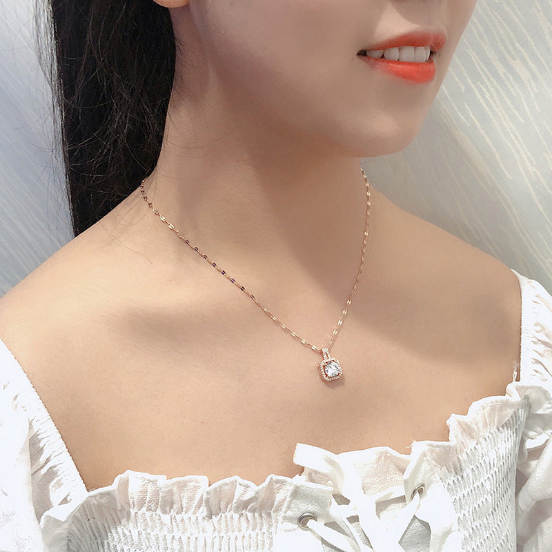 Geometric Original Design Titanium Steel Necklace with Faceted Square Pendant for Women, Hypoallergenic Locket Chain
