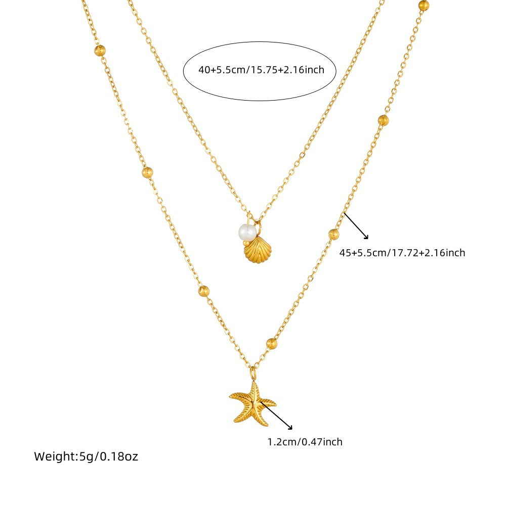 Minimalist Elegant Gold Plated Stainless Steel Star and Teardrop Pearl Layered Necklace for Women